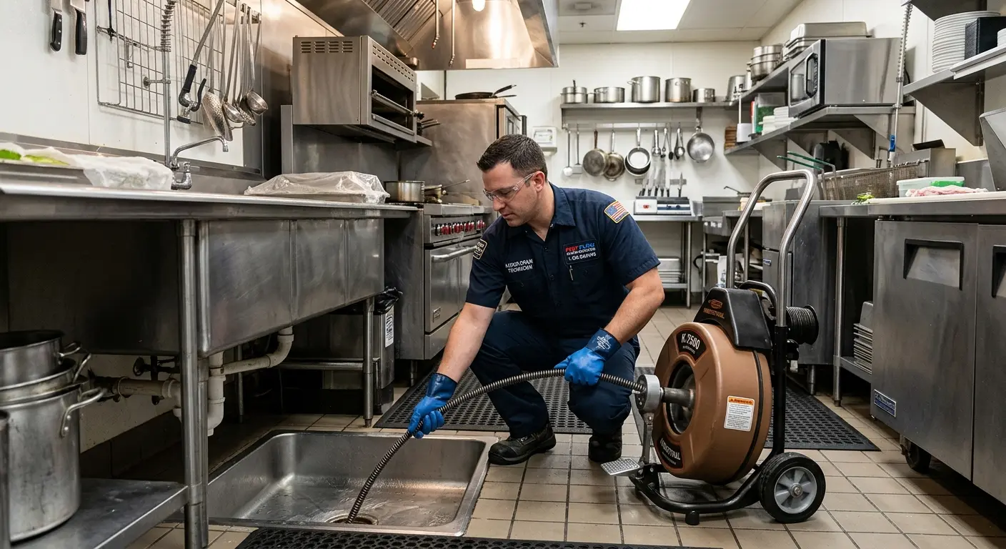Commercial drain cleaning service in a restaurant kitchen in Brookhaven