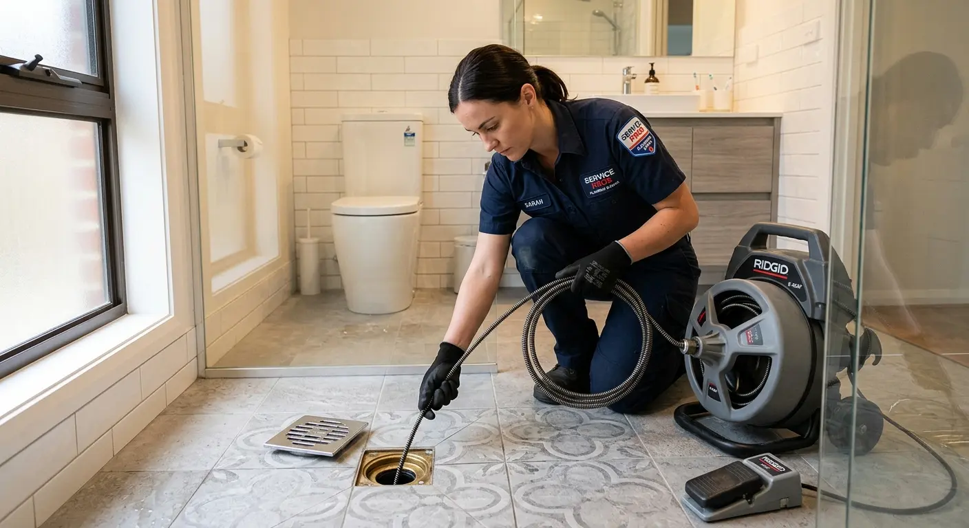 Technician clearing a bathroom floor drain for Clogged Drain Repair in Brookhaven